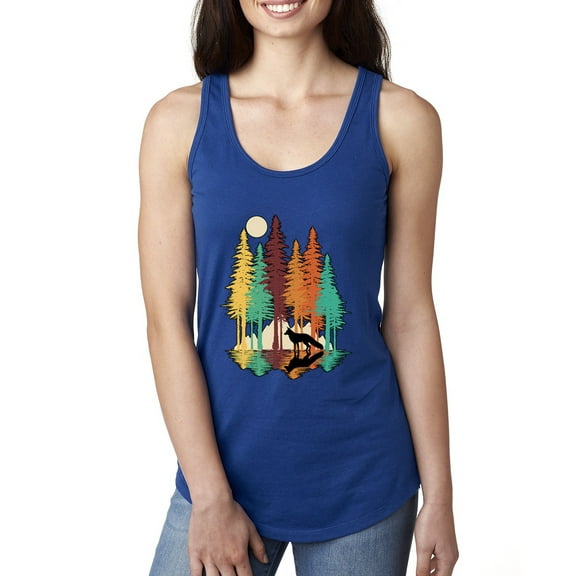 Trippy California Redwoods Forest Fox Silhouette | Womens Fashion Jersey Racerback Tank Top, Royal, Large