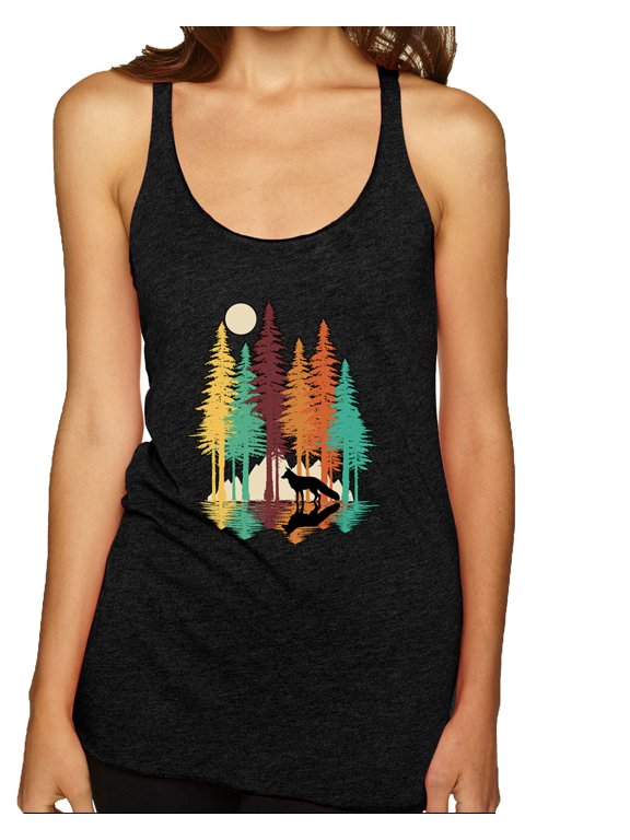 Trippy California Redwoods Forest Fox Silhouette | Womens Fashion Premium Tri-Blend Racerback Tank Top, Vintage Black, Medium