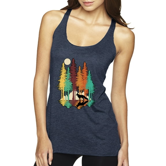 Trippy California Redwoods Forest Fox Silhouette | Womens Fashion Premium Tri-Blend Racerback Tank Top, Vintage Navy, X-Large