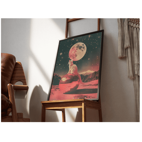 Trippy Cat Disco Ball Poster Retro 70S Space Cat Wall Art Mirrorball Moon Collage Cool Dorm Room Decor Trendy Cat Lover Gift