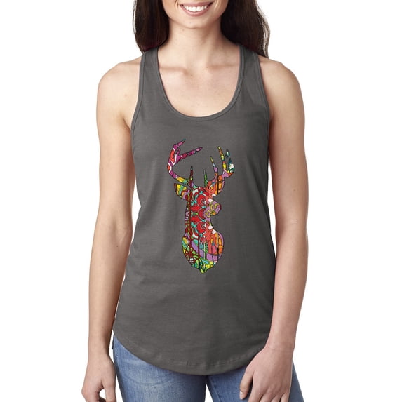 Trippy Colorful Buck Head Rainbow Hunting Deer Mosaic Animal Lover Ladies Racerback Tank Top, Dark Grey, Medium
