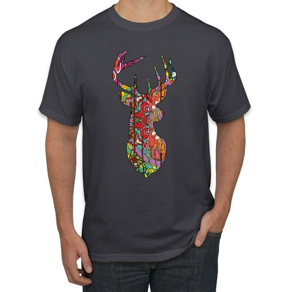 Trippy Colorful Buck Head Rainbow Hunting Deer Mosaic Animal Lover Men's Graphic T-Shirt, Charcoal, 4XL