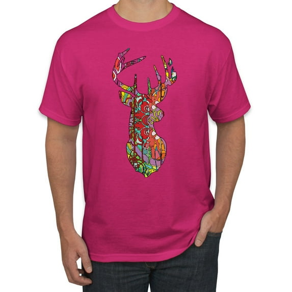 Trippy Colorful Buck Head Rainbow Hunting Deer Mosaic Animal Lover Men's Graphic T-Shirt, Fuschia, X-Large