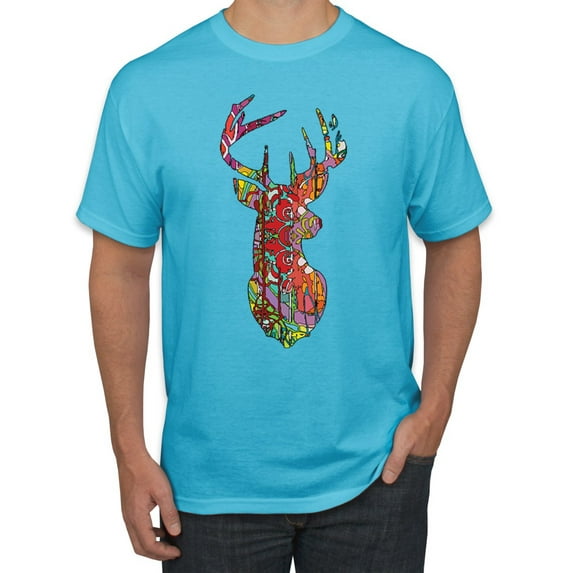 Trippy Colorful Buck Head Rainbow Hunting Deer Mosaic Animal Lover Men's Graphic T-Shirt, Light Turquoise, 5XL
