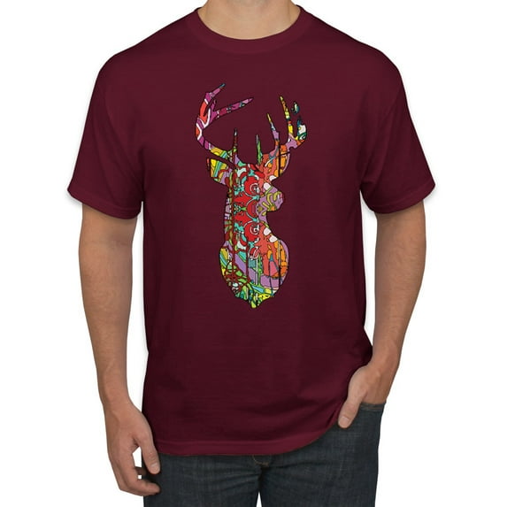 Trippy Colorful Buck Head Rainbow Hunting Deer Mosaic Animal Lover Men's Graphic T-Shirt, Maroon, Medium