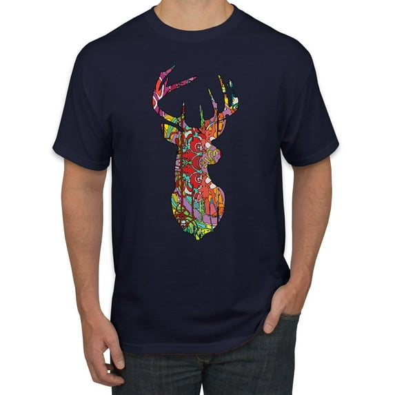 Trippy Colorful Buck Head Rainbow Hunting Deer Mosaic Animal Lover Men's Graphic T-Shirt, Navy, 3XL