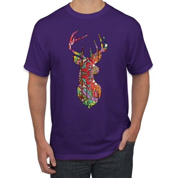 Trippy Colorful Buck Head Rainbow Hunting Deer Mosaic Animal Lover Men's Graphic T-Shirt, Purple, Medium
