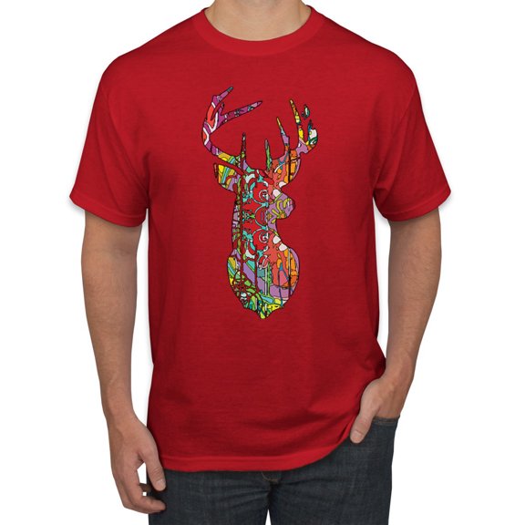 Trippy Colorful Buck Head Rainbow Hunting Deer Mosaic Animal Lover Men's Graphic T-Shirt, Red, 3XL