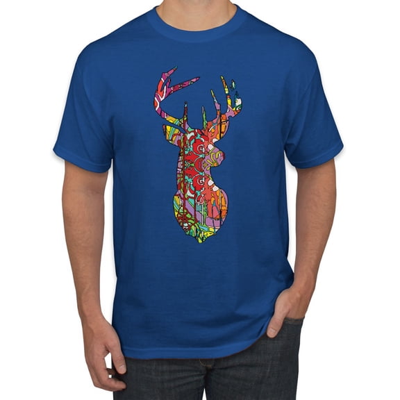 Trippy Colorful Buck Head Rainbow Hunting Deer Mosaic Animal Lover Men's Graphic T-Shirt, Royal, Small