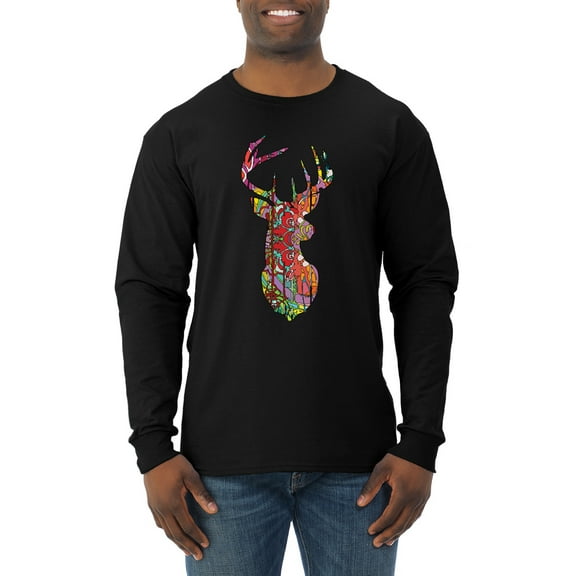 Trippy Colorful Buck Head Rainbow Hunting Deer Mosaic Animal Lover Mens Long Sleeve Shirt, Black, Small