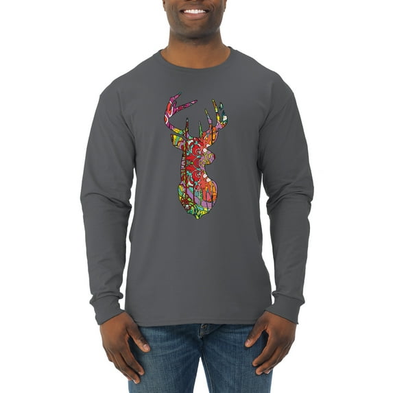 Trippy Colorful Buck Head Rainbow Hunting Deer Mosaic Animal Lover Mens Long Sleeve Shirt, Charcoal, Large