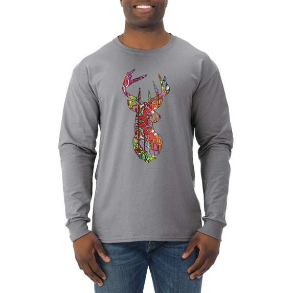 Trippy Colorful Buck Head Rainbow Hunting Deer Mosaic Animal Lover Mens Long Sleeve Shirt, Heather Grey, X-Large