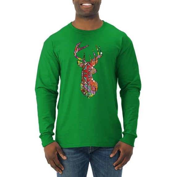 Trippy Colorful Buck Head Rainbow Hunting Deer Mosaic Animal Lover Mens Long Sleeve Shirt, Kelly, 2XL