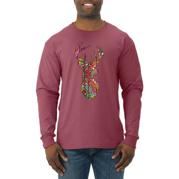 Trippy Colorful Buck Head Rainbow Hunting Deer Mosaic Animal Lover Mens Long Sleeve Shirt, Vintage Heather Red, X-Large