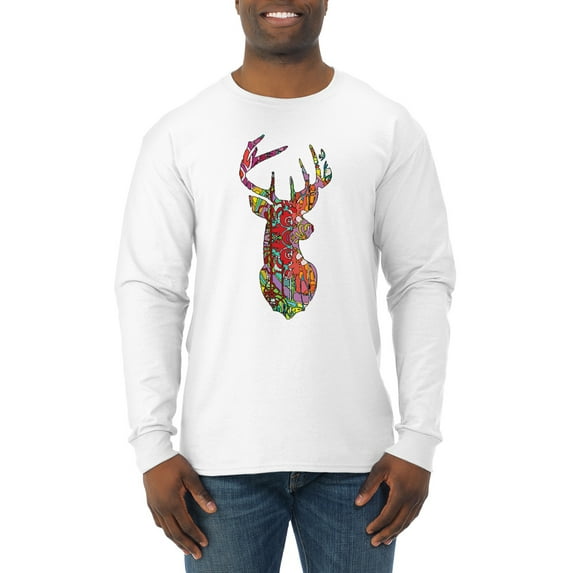 Trippy Colorful Buck Head Rainbow Hunting Deer Mosaic Animal Lover Mens Long Sleeve Shirt, White, 3XL