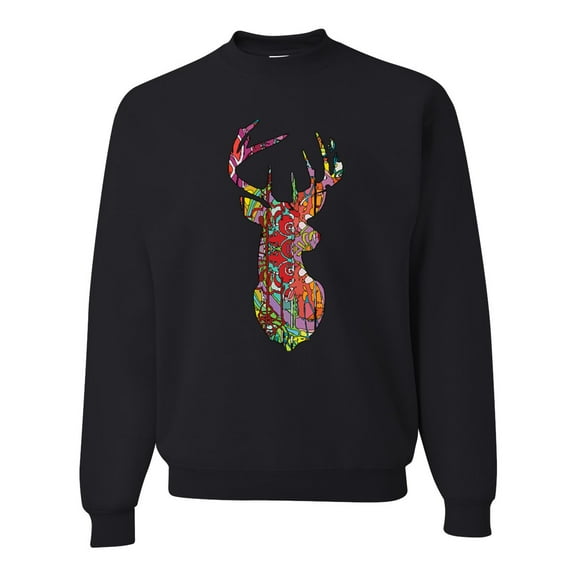 Trippy Colorful Buck Head Rainbow Hunting Deer Mosaic Animal Lover Unisex Crewneck Graphic Sweatshirt, Black, Small