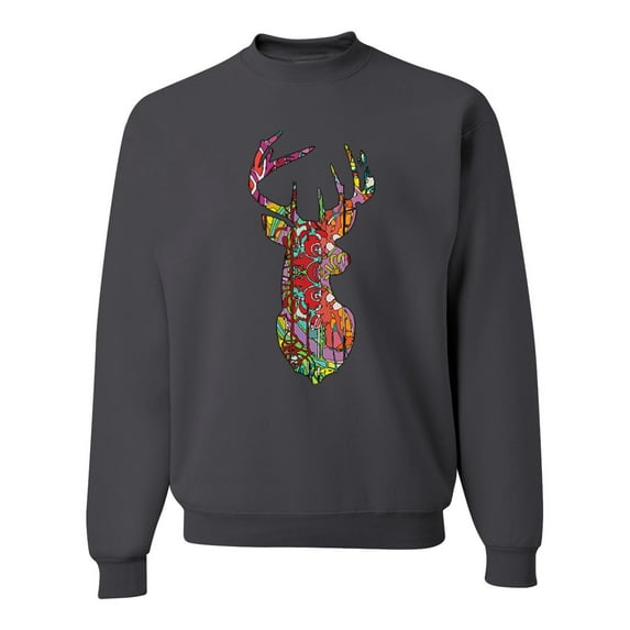 Trippy Colorful Buck Head Rainbow Hunting Deer Mosaic Animal Lover Unisex Crewneck Graphic Sweatshirt, Charcoal, X-Large