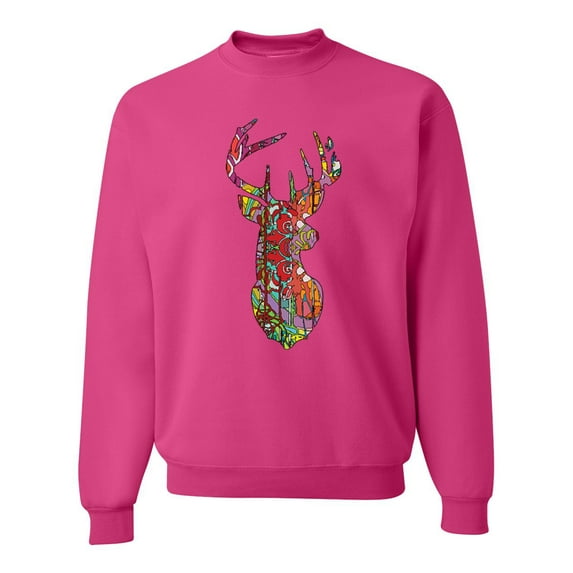Trippy Colorful Buck Head Rainbow Hunting Deer Mosaic Animal Lover Unisex Crewneck Graphic Sweatshirt, Fuschia, Small