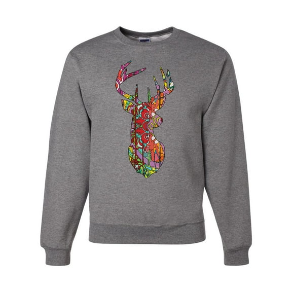 Trippy Colorful Buck Head Rainbow Hunting Deer Mosaic Animal Lover Unisex Crewneck Graphic Sweatshirt, Heather Grey, X-Large