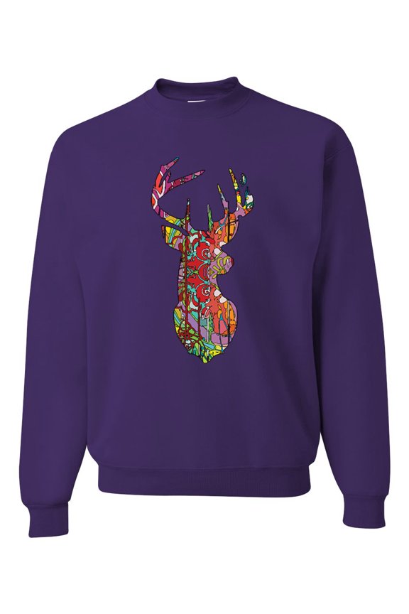 Trippy Colorful Buck Head Rainbow Hunting Deer Mosaic Animal Lover Unisex Crewneck Graphic Sweatshirt, Purple, 2XL