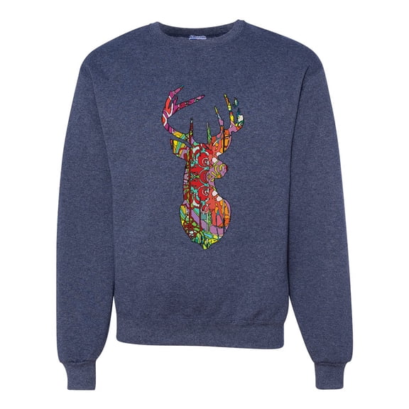 Trippy Colorful Buck Head Rainbow Hunting Deer Mosaic Animal Lover Unisex Crewneck Graphic Sweatshirt, Vintage Heather Navy, X-Large