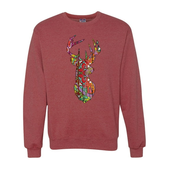 Trippy Colorful Buck Head Rainbow Hunting Deer Mosaic Animal Lover Unisex Crewneck Graphic Sweatshirt, Vintage Heather Red, Medium