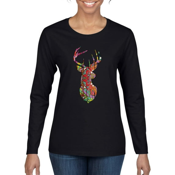 Trippy Colorful Buck Head Rainbow Hunting Deer Mosaic Animal Lover Womens Graphic Long Sleeve T-Shirt, Black, Small