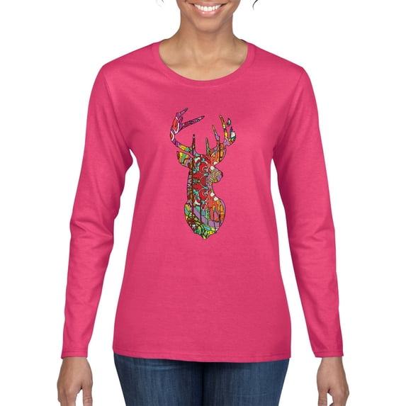 Trippy Colorful Buck Head Rainbow Hunting Deer Mosaic Animal Lover Womens Graphic Long Sleeve T-Shirt, Fuschia, Small