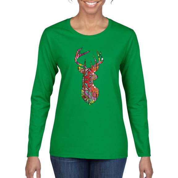 Trippy Colorful Buck Head Rainbow Hunting Deer Mosaic Animal Lover Womens Graphic Long Sleeve T-Shirt, Kelly, Large