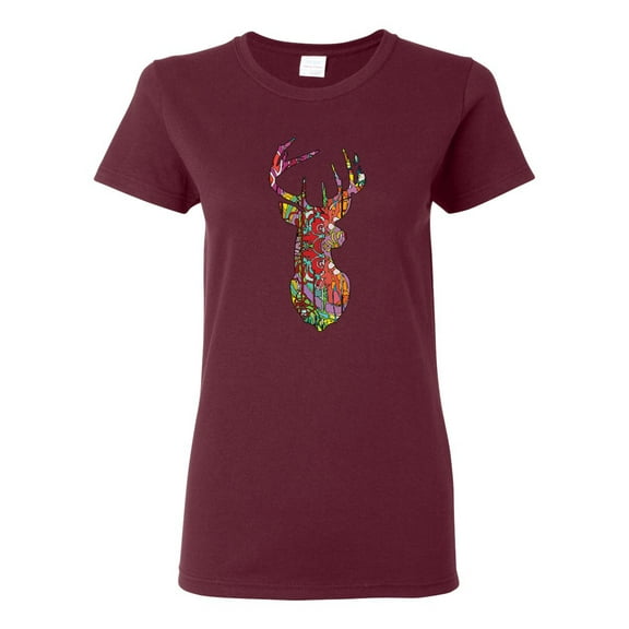 Trippy Colorful Buck Head Rainbow Hunting Deer Mosaic Animal Lover Womens Graphic T-Shirt, Maroon, X-Large