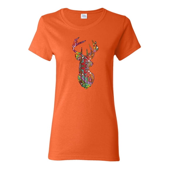 Trippy Colorful Buck Head Rainbow Hunting Deer Mosaic Animal Lover Womens Graphic T-Shirt, Orange, Medium
