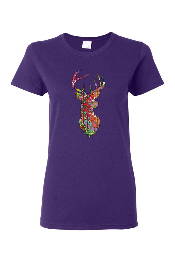 Trippy Colorful Buck Head Rainbow Hunting Deer Mosaic Animal Lover Womens Graphic T-Shirt, Purple, Medium