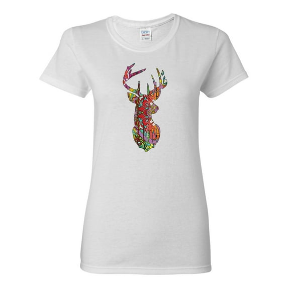 Trippy Colorful Buck Head Rainbow Hunting Deer Mosaic Animal Lover Womens Graphic T-Shirt, White, Large