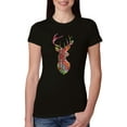 thumbnail image 1 of Trippy Colorful Buck Head Rainbow Hunting Deer Mosaic Animal Lover Womens Slim Fit Junior Tee, Black, Small, 1 of 3