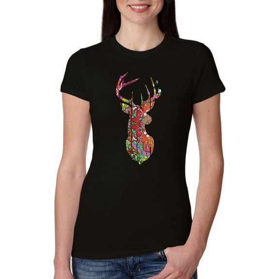 Trippy Colorful Buck Head Rainbow Hunting Deer Mosaic Animal Lover Womens Slim Fit Junior Tee, Black, Small