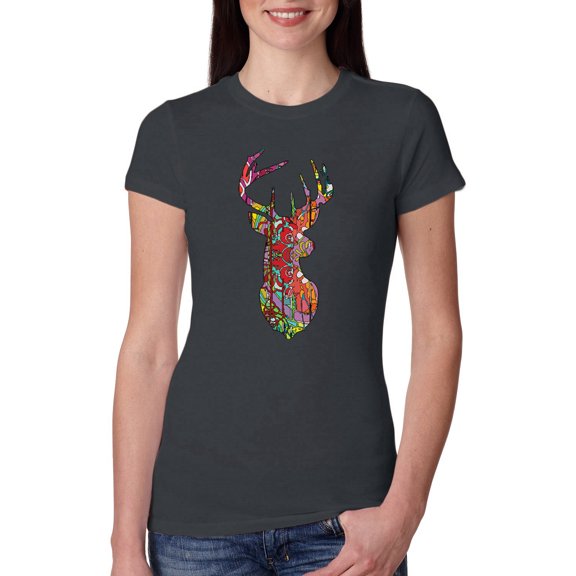 Trippy Colorful Buck Head Rainbow Hunting Deer Mosaic Animal Lover Womens Slim Fit Junior Tee, Dark Grey, X-Large