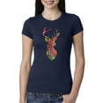 thumbnail image 1 of Trippy Colorful Buck Head Rainbow Hunting Deer Mosaic Animal Lover Womens Slim Fit Junior Tee, Navy, Large, 1 of 3