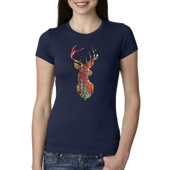 Trippy Colorful Buck Head Rainbow Hunting Deer Mosaic Animal Lover Womens Slim Fit Junior Tee, Navy, Large