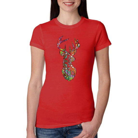 Trippy Colorful Buck Head Rainbow Hunting Deer Mosaic Animal Lover Womens Slim Fit Junior Tee, Red, Medium