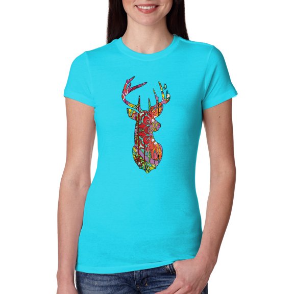 Trippy Colorful Buck Head Rainbow Hunting Deer Mosaic Animal Lover Womens Slim Fit Junior Tee, Tahiti Blue, Medium
