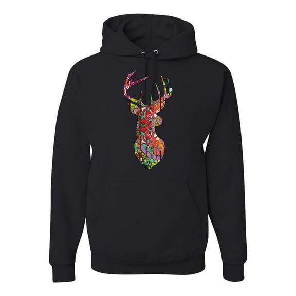 Trippy Colorful Buck Head Rainbow Hunting Deer Mosaic | Mens Animal Lover Hooded Sweatshirt Graphic Hoodie, Black, Large