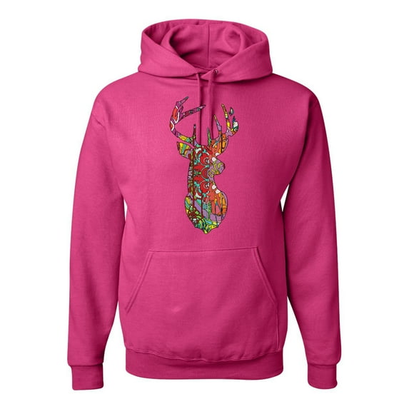 Trippy Colorful Buck Head Rainbow Hunting Deer Mosaic | Mens Animal Lover Hooded Sweatshirt Graphic Hoodie, Fuschia, Large