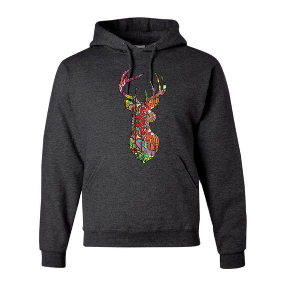 Trippy Colorful Buck Head Rainbow Hunting Deer Mosaic | Mens Animal Lover Hooded Sweatshirt Graphic Hoodie, Heather Black, Small