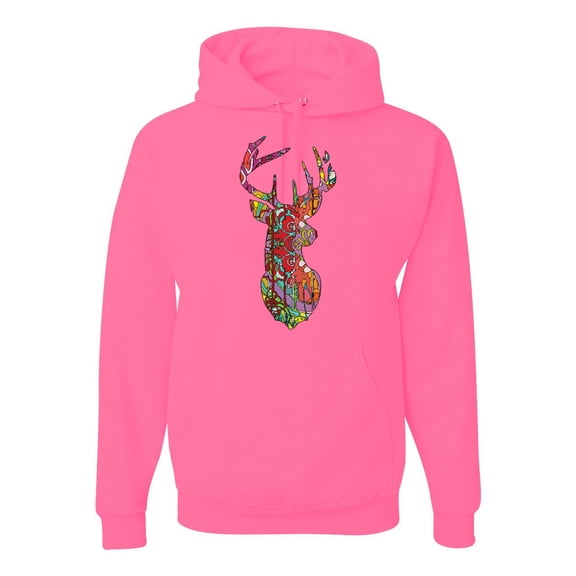Trippy Colorful Buck Head Rainbow Hunting Deer Mosaic | Mens Animal Lover Hooded Sweatshirt Graphic Hoodie, Neon Pink, Medium