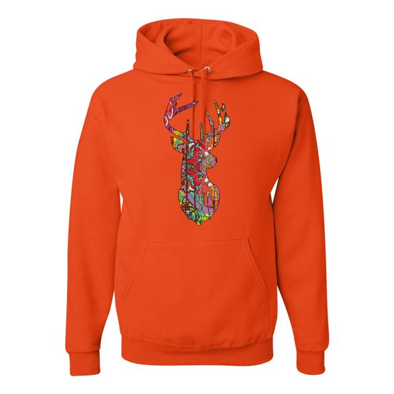 Trippy Colorful Buck Head Rainbow Hunting Deer Mosaic | Mens Animal Lover Hooded Sweatshirt Graphic Hoodie, Orange, 3XL