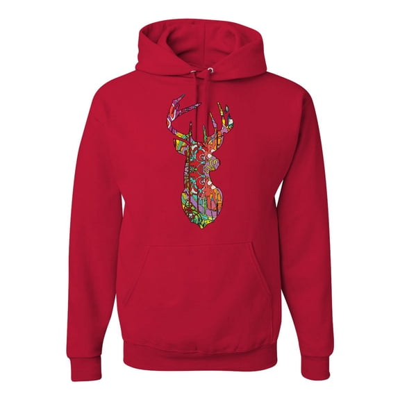 Trippy Colorful Buck Head Rainbow Hunting Deer Mosaic | Mens Animal Lover Hooded Sweatshirt Graphic Hoodie, Red, Small