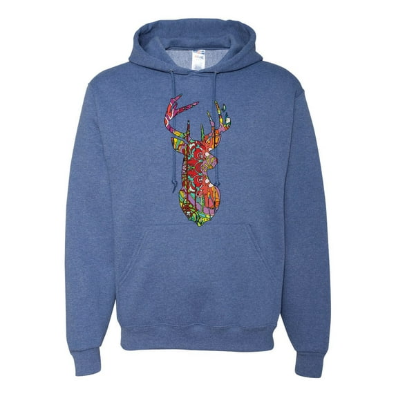 Trippy Colorful Buck Head Rainbow Hunting Deer Mosaic | Mens Animal Lover Hooded Sweatshirt Graphic Hoodie, Vintage Heather Blue, Small