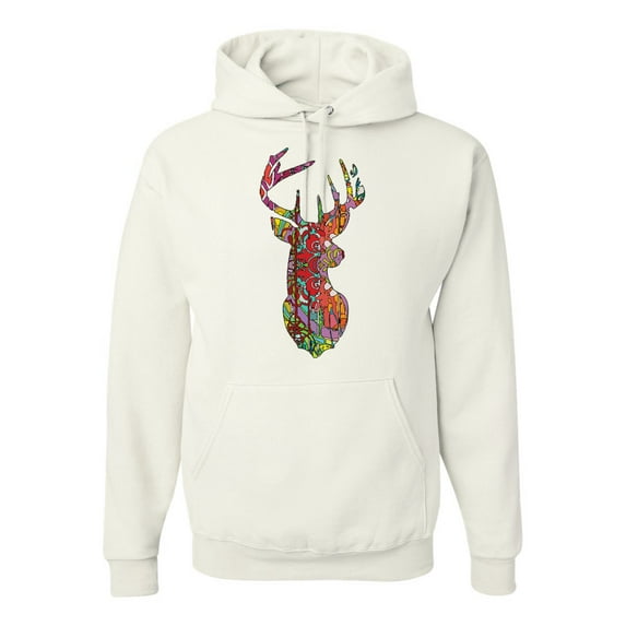 Trippy Colorful Buck Head Rainbow Hunting Deer Mosaic | Mens Animal Lover Hooded Sweatshirt Graphic Hoodie, White, 2XL