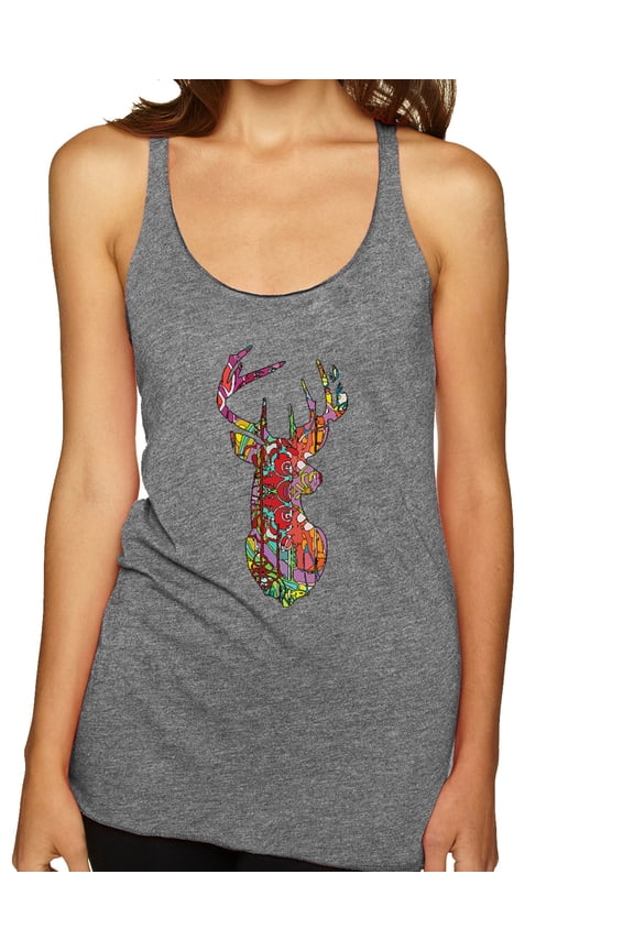 Trippy Colorful Buck Head Rainbow Hunting Deer Mosaic | Womens Animal Lover Premium Tri-Blend Racerback Tank Top, Premium Heather, Medium
