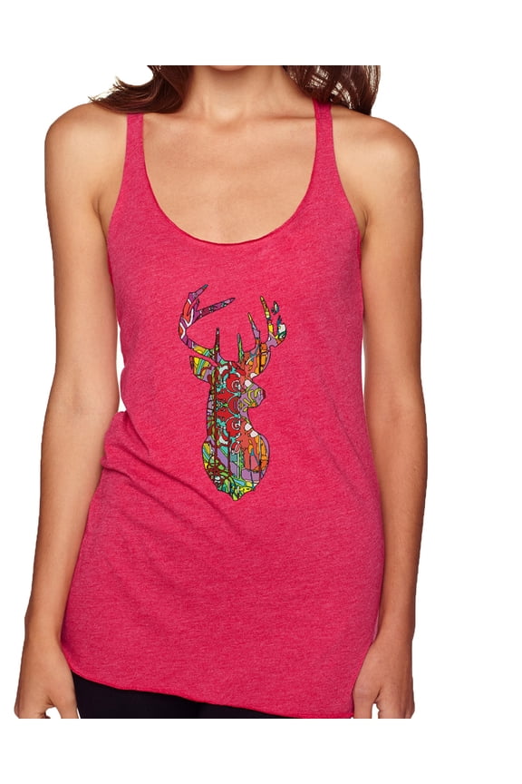 Trippy Colorful Buck Head Rainbow Hunting Deer Mosaic | Womens Animal Lover Premium Tri-Blend Racerback Tank Top, Shocking Pink, X-Large